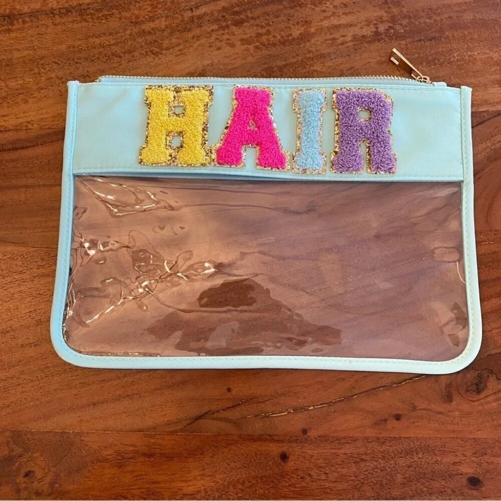 Clear Travel Pouch with Fuzzy Patch Letters 'HAIR' Teal Green - Bag Only